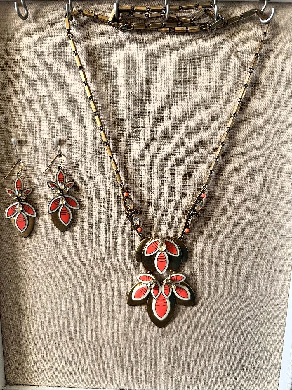 Coral Pink & Gold Tropical Necklace and Earrings